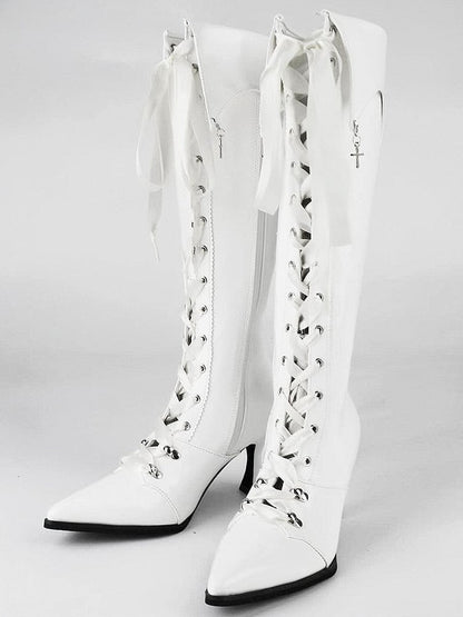 High-heel Gothic Polished Knee-Length Fold-Down - Collar White Boots