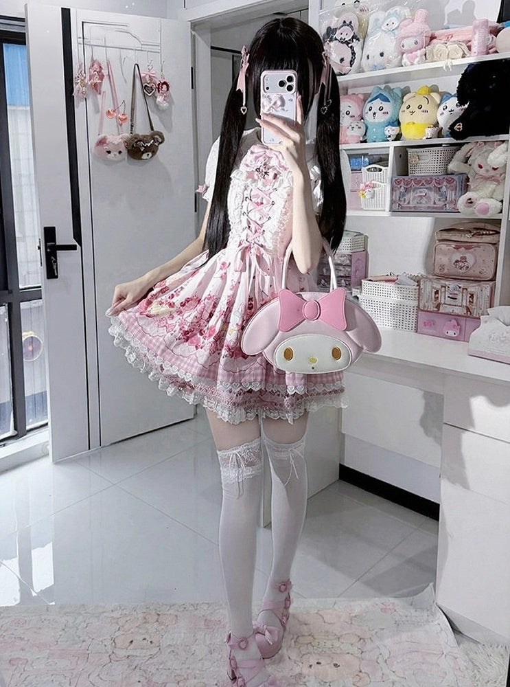 Pink Bunny and Cherry Print Short-Sleeve OP Dress with Matching Skirt - Doki Cherry
