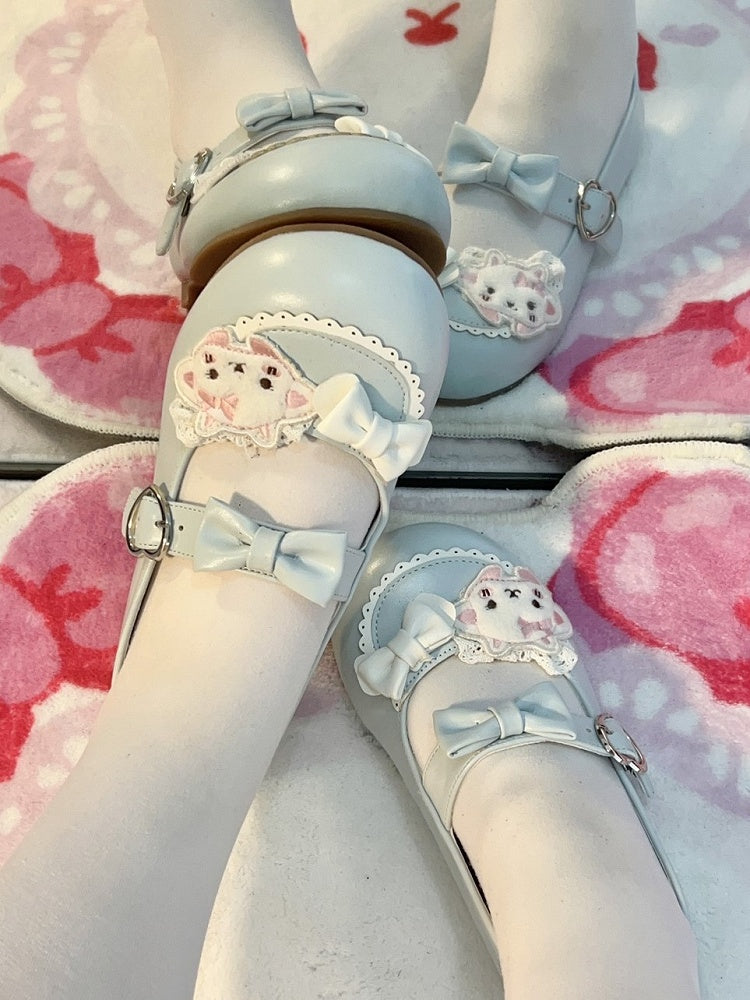 Themed with Sheep Heart Snap Blue Bow PU Decor Jane Sweet Lolita Closure Shoes Mary
