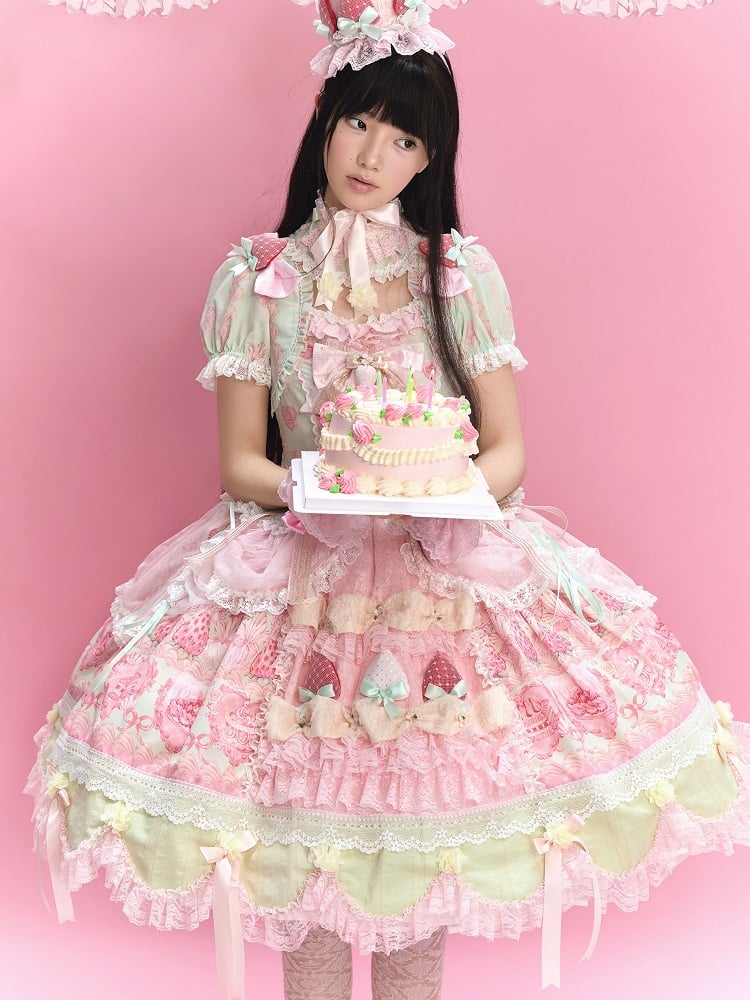 Green & Pink Strawberry Cake Print Bell Sleeve Lolita Dress - Ball Lolita
