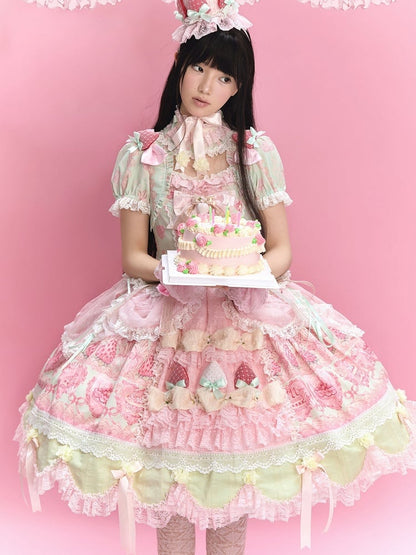 Green & Pink Strawberry Cake Print Bell Sleeve Lolita Dress - Ball Lolita