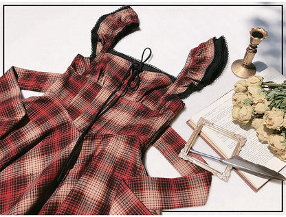 Kleid Plaid Muster Taille Lolita Rot Baskenmütze