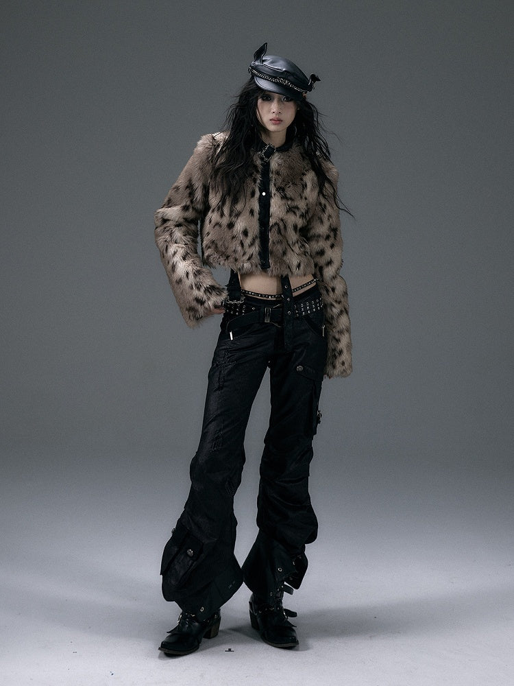 バックル＆スタッズ ブラック リバーシブル レオパード シャギー ジャケット