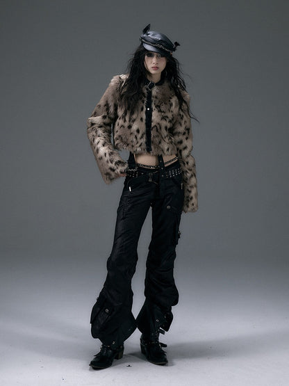 バックル＆スタッズ ブラック リバーシブル レオパード シャギー ジャケット