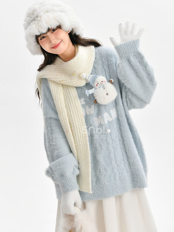 Cute Snowman Adorned Blue Mohair Soft Sweater