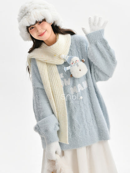 Cute Snowman Adorned Blue Mohair Soft Sweater