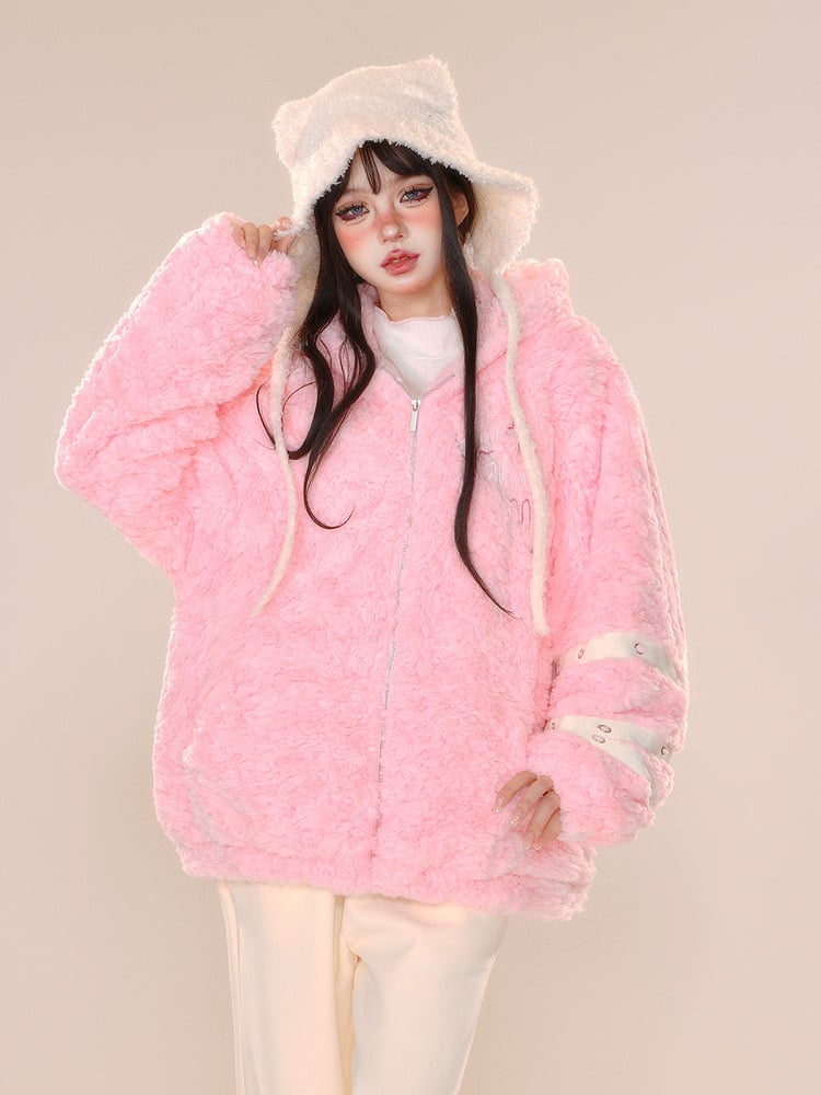 Brown Pink Bunny Ear Thick Zip Hooded Teddy Coat
