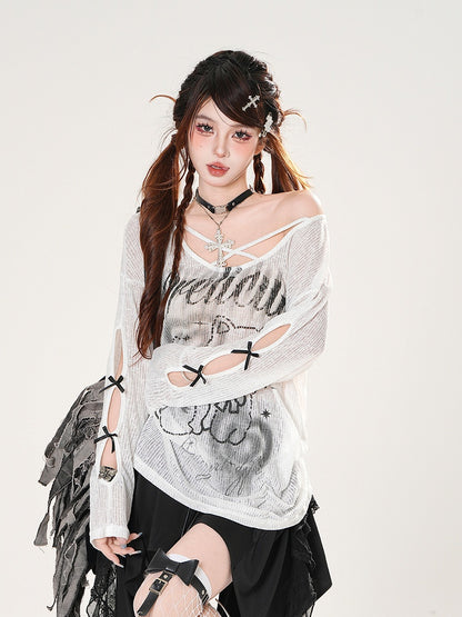 ブラック/ホワイト カバーアップ アシンメトリーネックライン キティプリント セミシアー