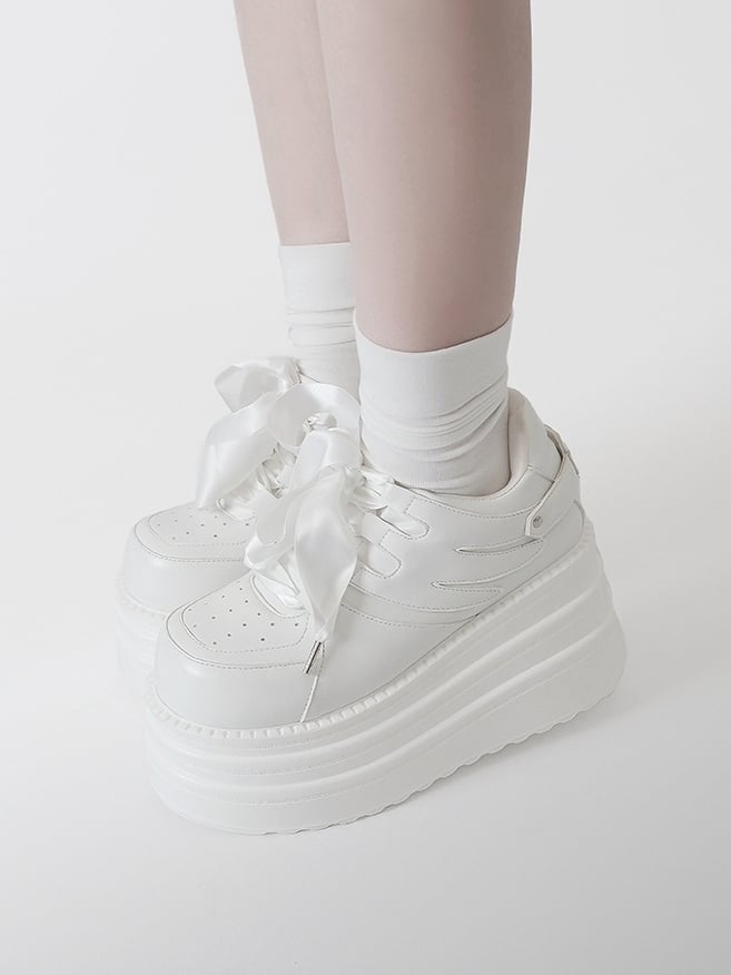 Lace-up Kei Platform White Closure Sneakers Jirai PU Design