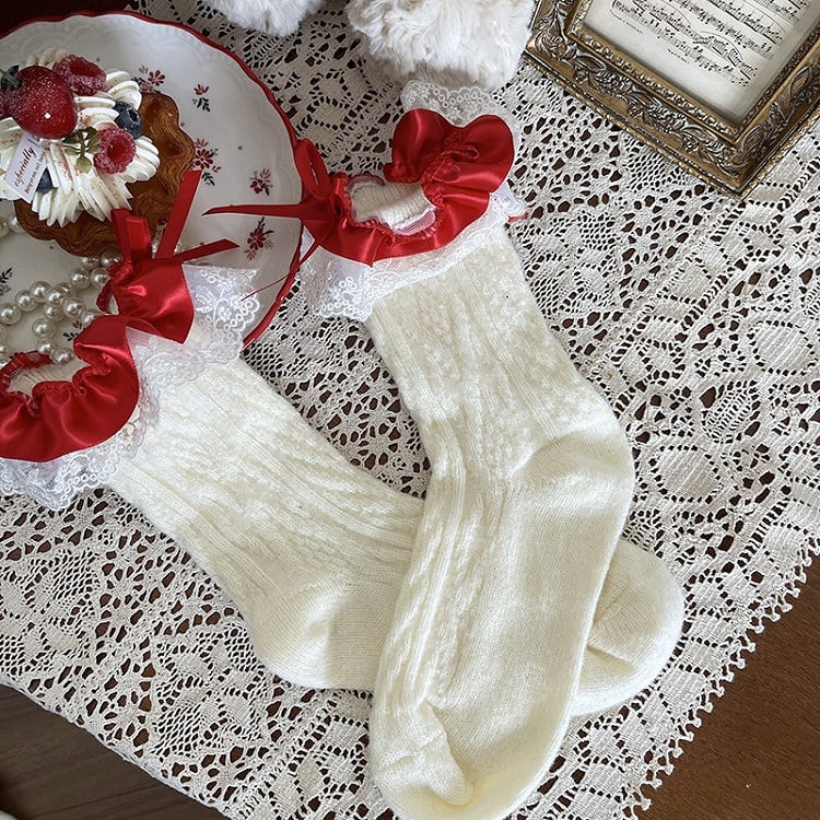 Ribbon Socks with Cable-Knit Lace Cuffs