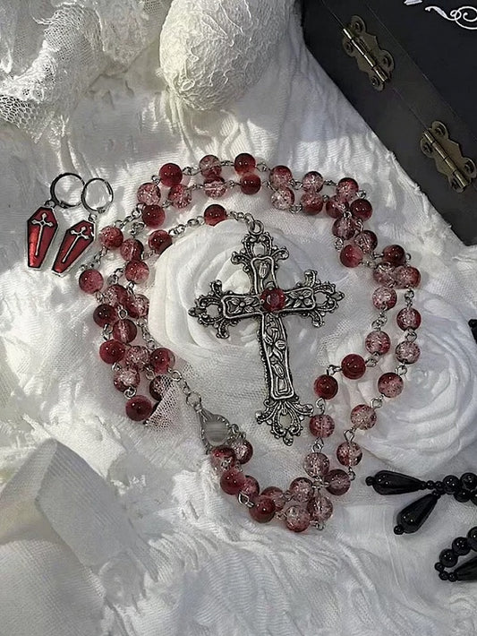 Three-Color Gothic Beaded Cross Necklace