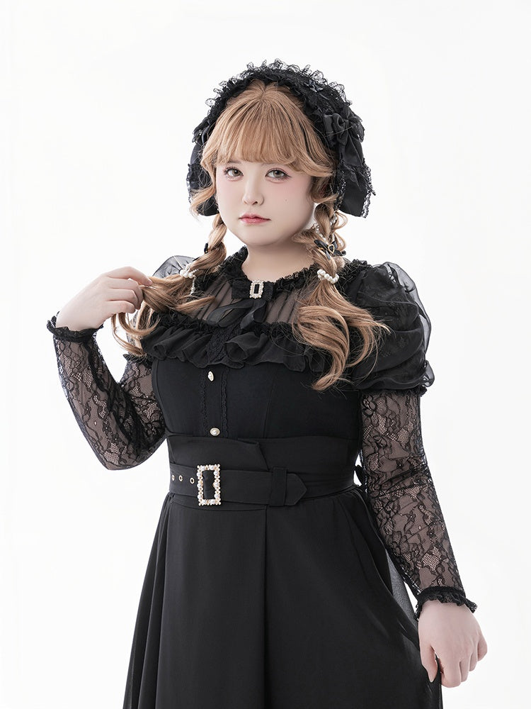 Tie Black Illusion Neckline Juliette Sleeves Jirai Kei Lace Blouse+Bow