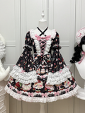 Lolita Print Black Cake Bell with Sweet Sleeves Short Strawberry Dress Detachable