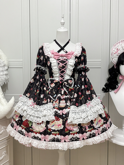 Lolita-Print, schwarze Kuchenglocke mit süßen Ärmeln, kurzes, abnehmbares Erdbeerkleid