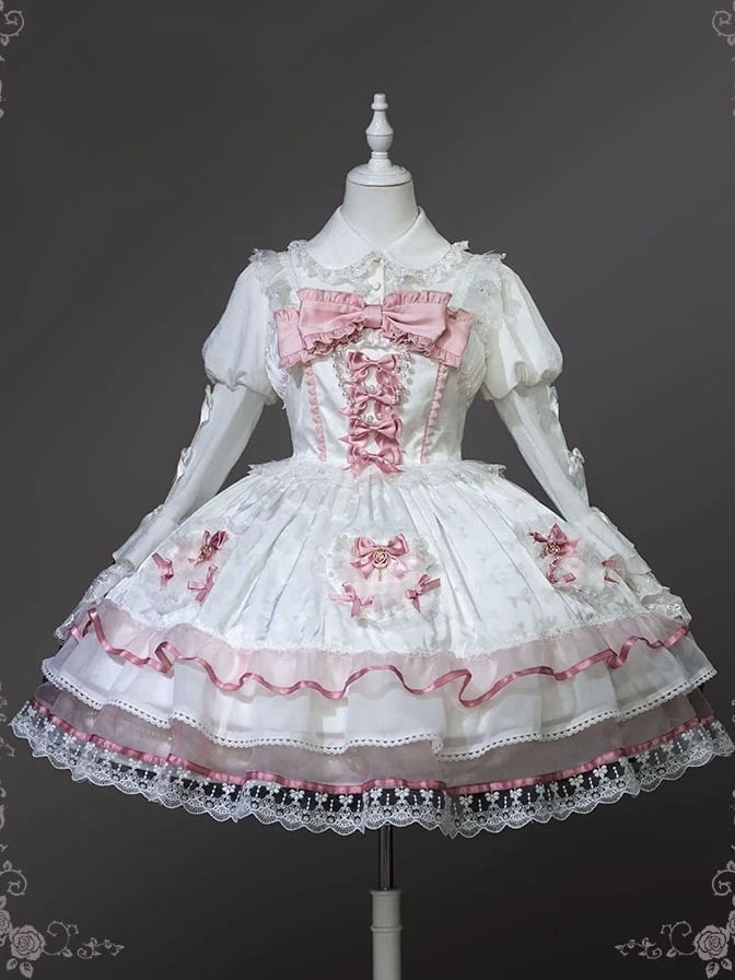 White and Pink Bowknot Details Tiered Skirt Sweet Lolita Dress Jumper Skirt