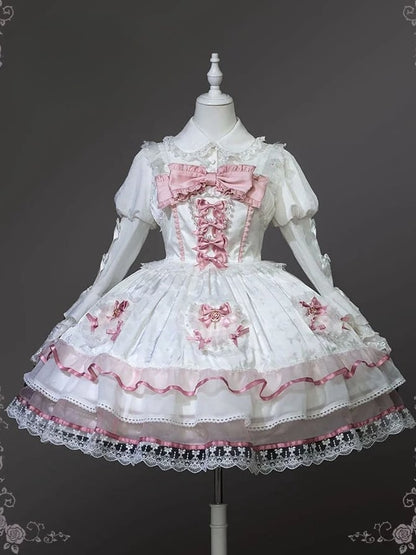 White and Pink Bowknot Details Tiered Skirt Sweet Lolita Dress Jumper Skirt