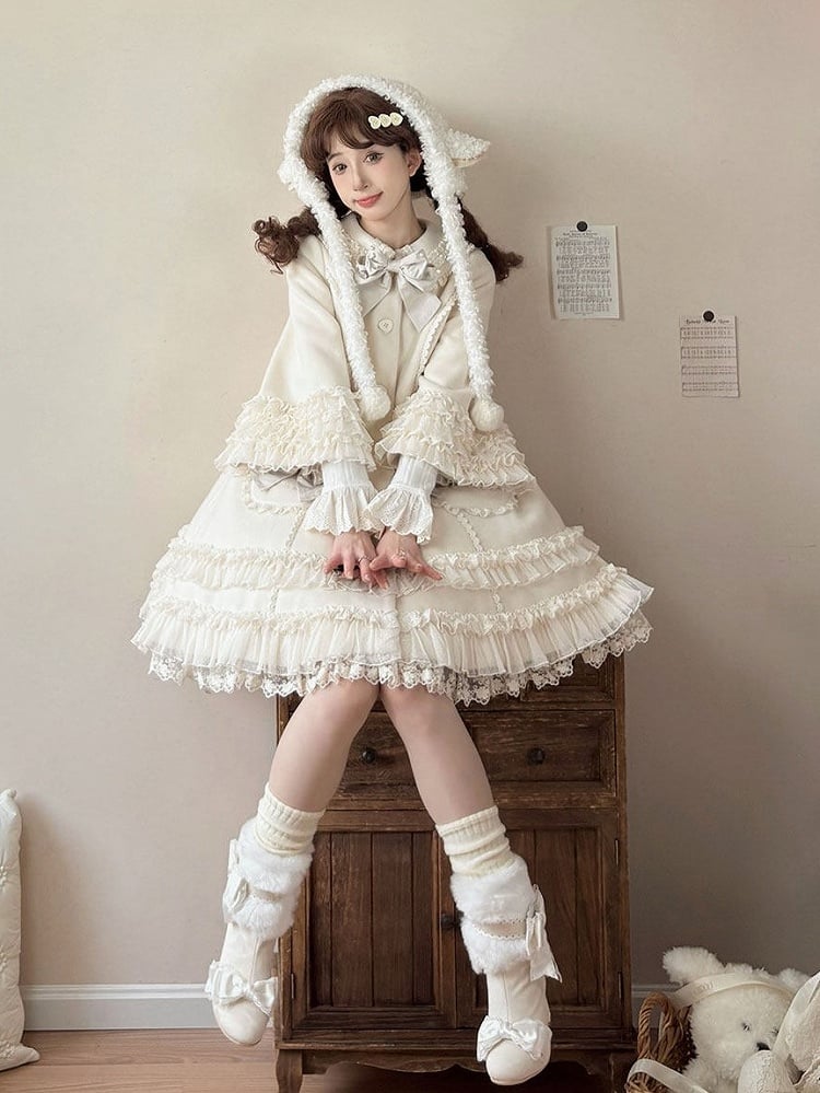 Ruffled Accents Lace Bow Details Sweet and Winter Lolita Coat Beige with