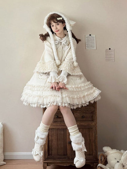 Ruffled Accents Lace Bow Details Sweet and Winter Lolita Coat Beige with