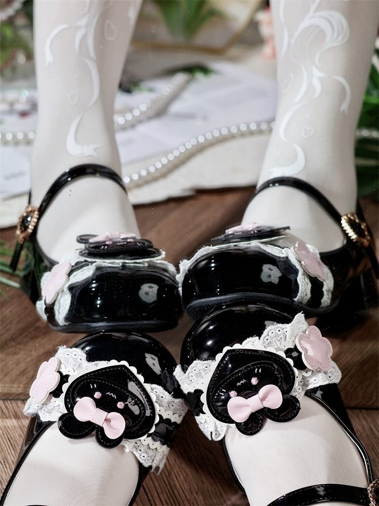 PU Motifs in Cute Rabbit with Low-heel Lace Black Mary Bunny Janes Trim