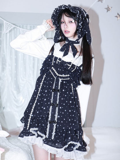 Dress Choker Star Oversized Matching with Tiered Navy Slip Bow White Kawaii Blue Print