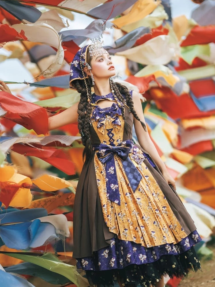 Yellow & Purple Retro Floral Print Lolita JSK Dress with Layered Skirt - Neoludwig
