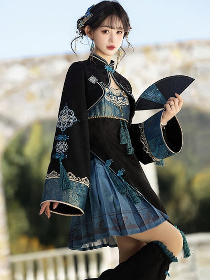Black Cyan Mandarin Collar Embroidered Han Bolero with Tassels - Unknown Star