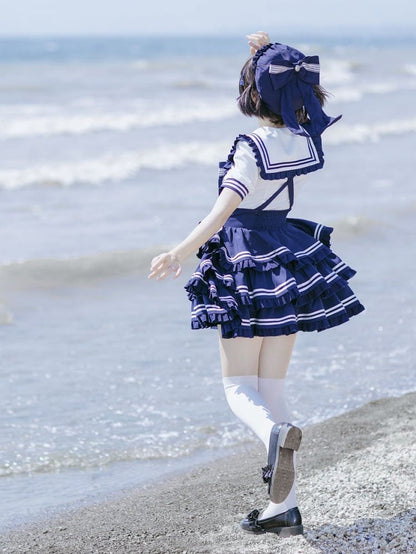 Lolita Dress Accents Tiered Skirt Sweet Flutter Sleeves Bow Overalls Blue Navy