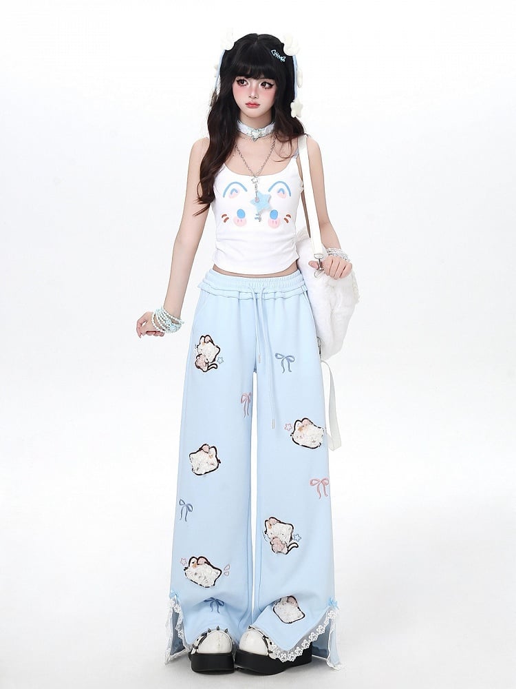 Plush Cat Embroidery Blue Slit Straight Leg Pants - CRAZY GIRL