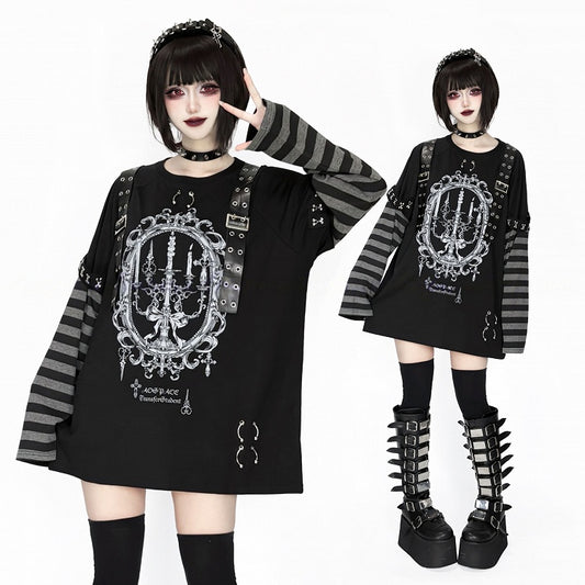 Leather Straps Black Long-Sleeve Punk Decorated Kei Top Gray Candle Printed Striped Jirai