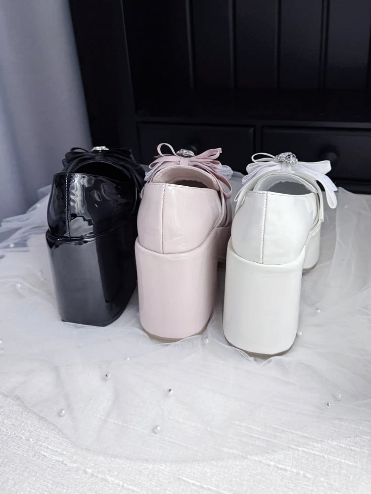 Bow Dusty Kei with 9.5cm Heel Jirai Shoes: Heart Platform Block Pink Top Rhinestone