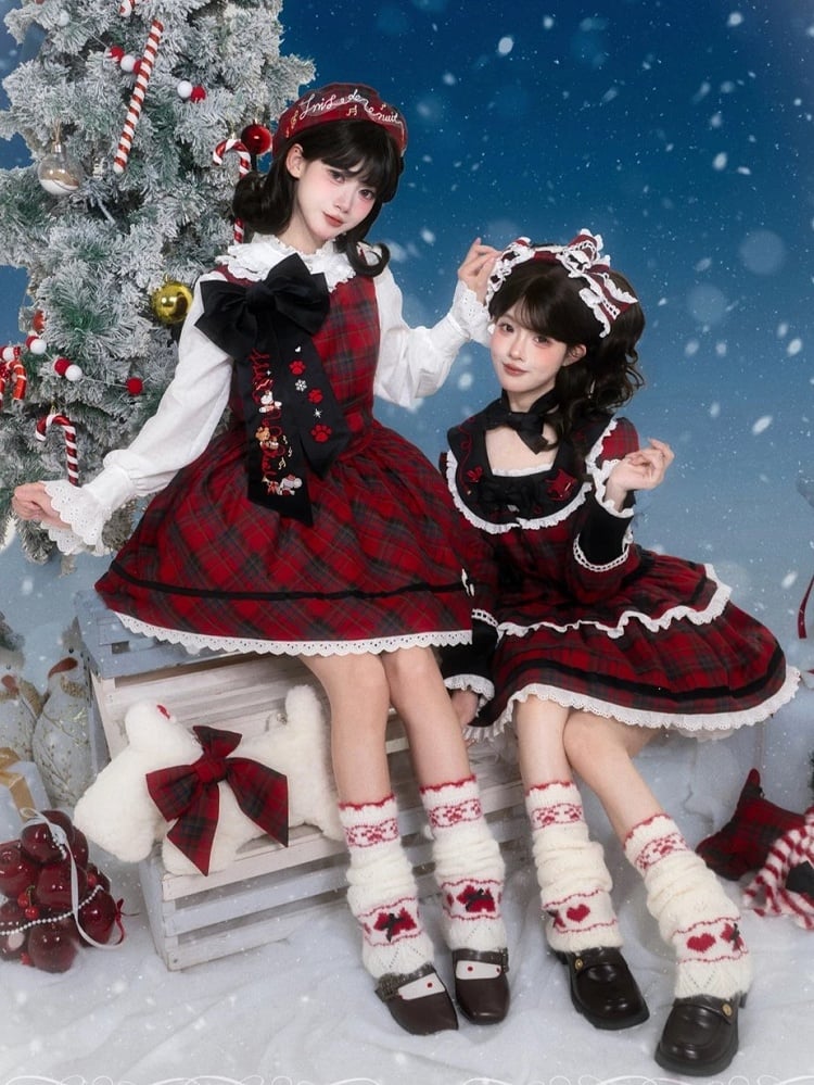 Red and Black Plaid Lace-Up Short JSK Gown with Bowknot Brooch - iris de nuit