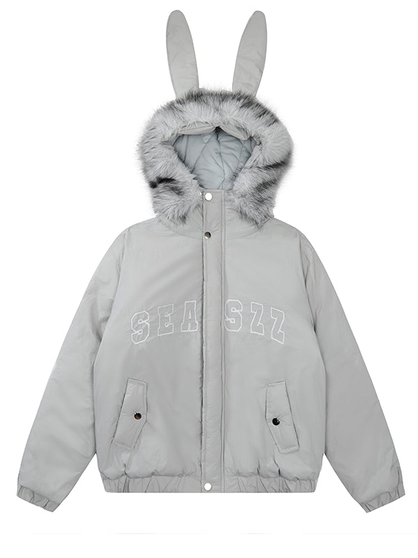Grau/Apricot Buchstaben Druck Hasenohren Kapuze Dicke Jacke Abnehmbare Kapuze