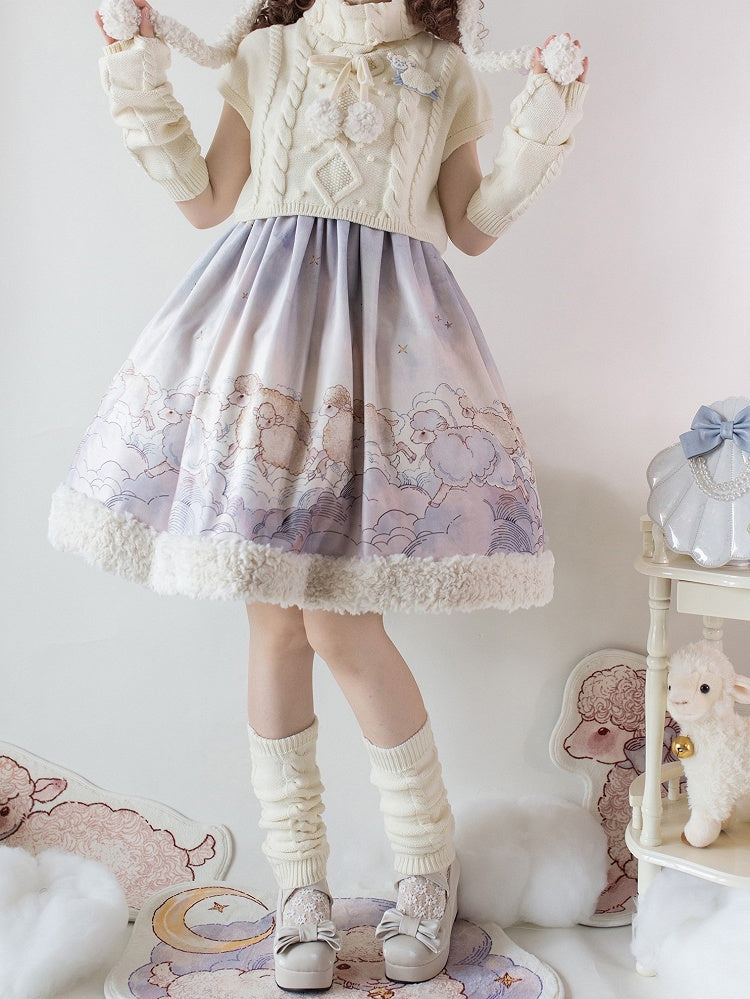 Lolita Top Knit Sheep Winter and Print Set Sleeves Dress Cloud Sweet for Autumn Purple +