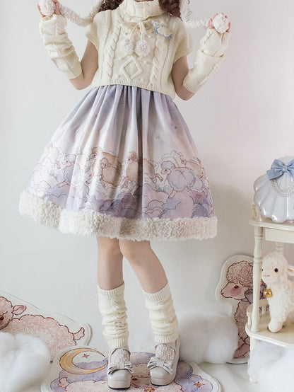 Lolita Top Knit Sheep Winter and Print Set Sleeves Dress Cloud Sweet for Autumn Purple +
