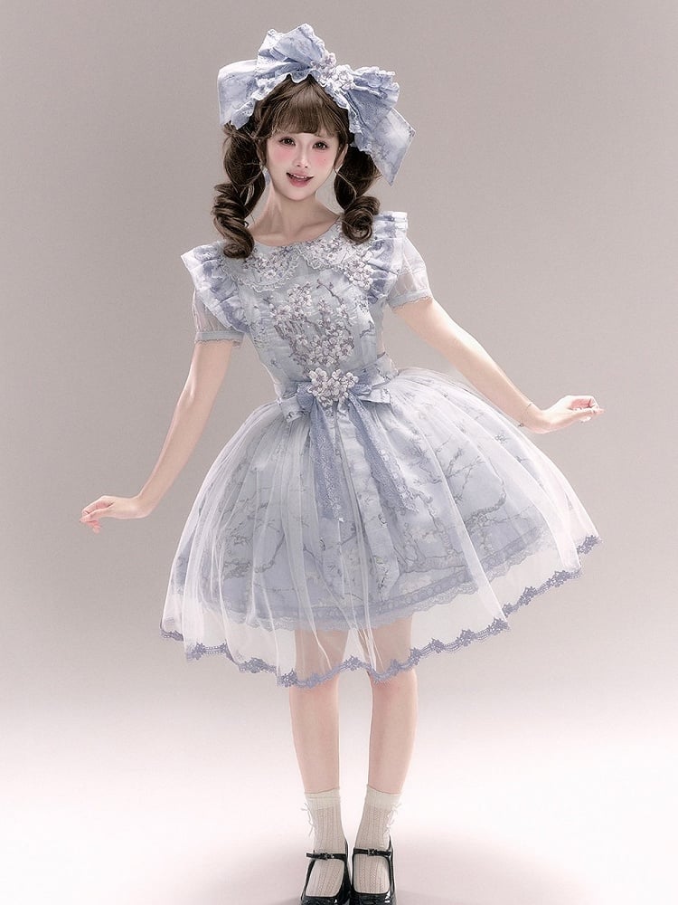 Blue & Purple Floral Embroidery Flutter Sleeve Bow Lolita Overlay Dress with Lace - Yimu Walnut