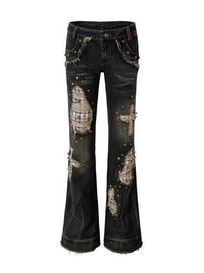 Karierte Distressed Patches Jeans Saum Punk mit ausgefranstem Black Wash Cross