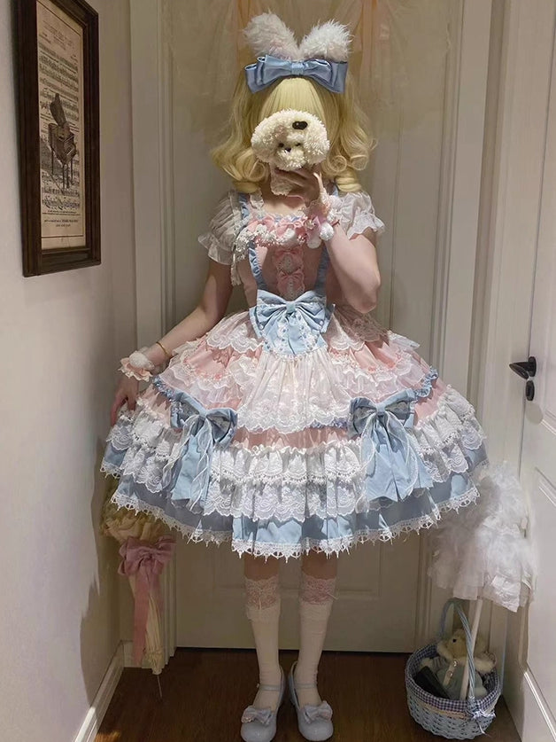 Schleifendetails Blaues Kleid Süße Perlenprinzessin Rosa Abnehmbar und Lolita