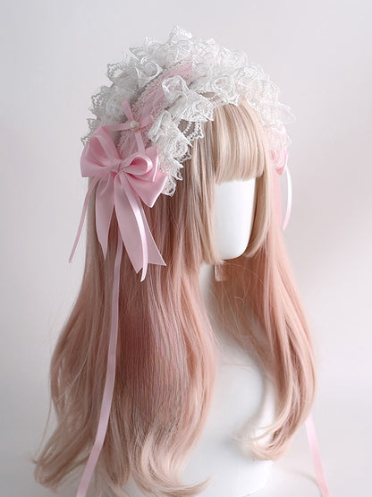 Pink And White Sweet Lolita Lace Trim Bowknot Hairband With Clips