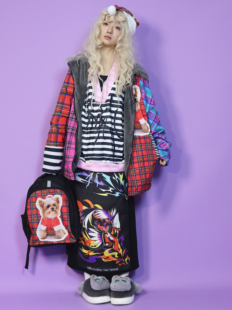 クリスマス Y2K カラフルオーバーサイズ フード付きフリース裏地ジャケット チェック柄と子犬プリント