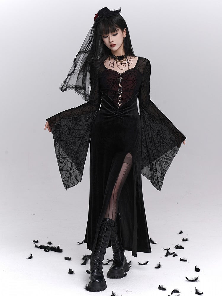 with Thigh-High Black Halloween Gothic Sleeves Bell Spiderweb Red Slit Dress