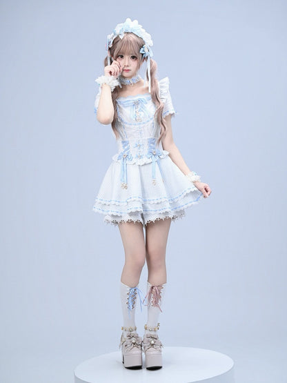 Blue Ryousangata Square Neck Short-Sleeve Cotton Blouse with Rhinestone Bow & Lace Details - Broken Bear