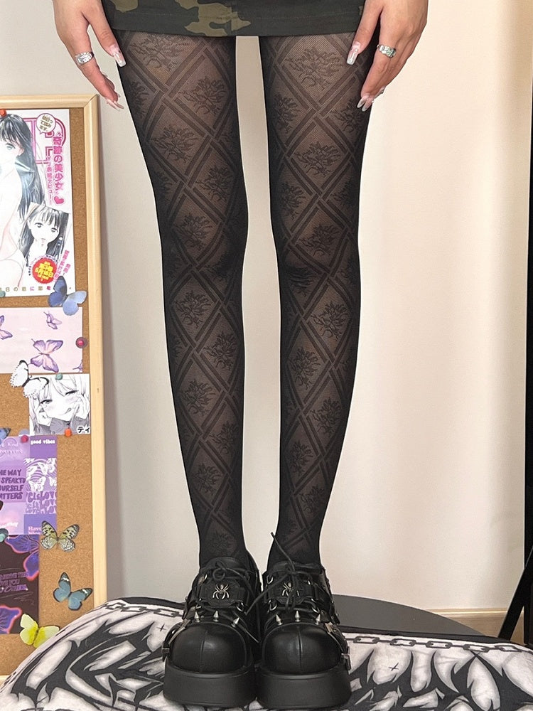 Tights Floral Black Pattern Diamond Y2K Details