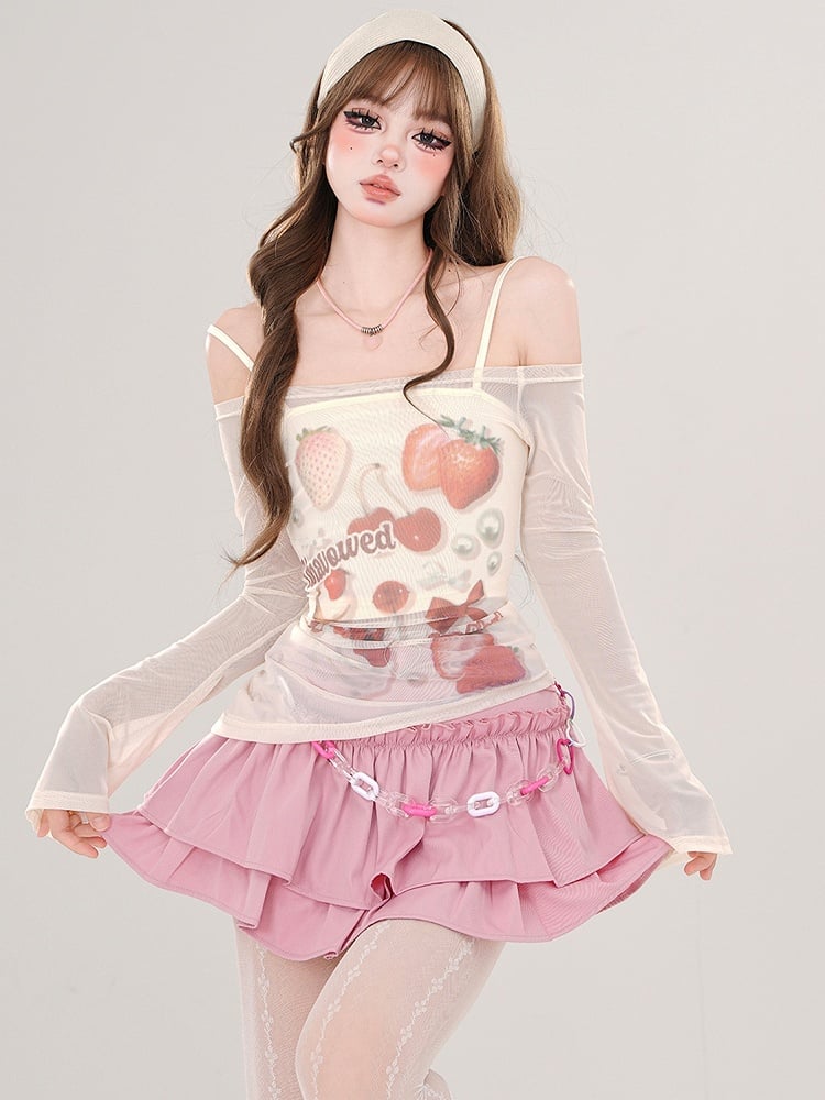 Rosa/Aprikose – Halbtransparentes, schulterfreies Top mit Erdbeer-Print und Camisole-Set