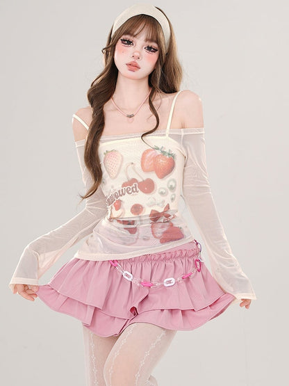 Rosa/Aprikose – Halbtransparentes, schulterfreies Top mit Erdbeer-Print und Camisole-Set