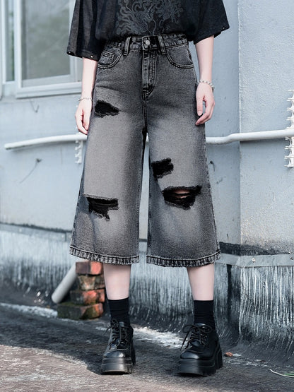 Distressed Denim Cropped Wide-Leg Pants - Quirky Hut