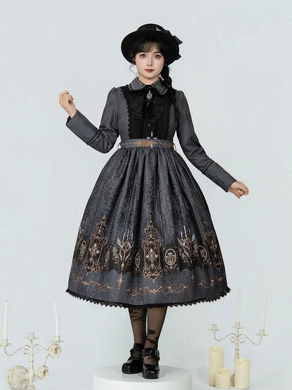 Dress Wings Lolita Collar Long Gothic with Peter Gray Bat Candelabras Sleeves Print Pan