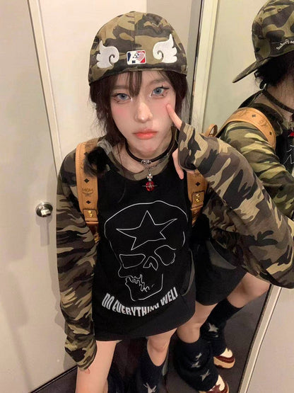Black Skull Print Camo Long Sleeve Punk Top - DETW OnLine