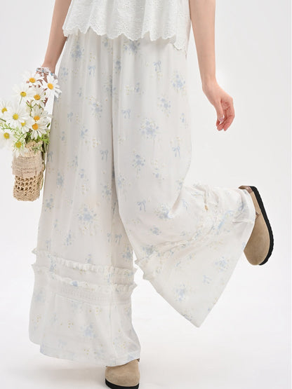 Blaue Blumenmuster-Version Weiße Chiffon-Taille Weite Beinhose Elastisch Normal/Kurz