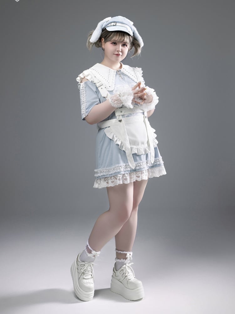 エプロンショルダーストラップ ホワイト セルフタイリボン バックフリルトリム 調節可能