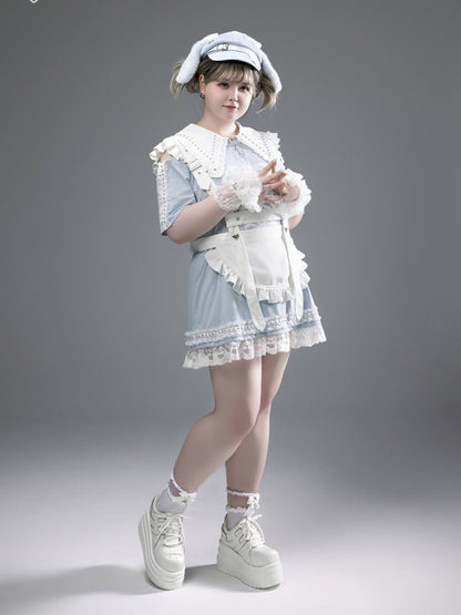 エプロンショルダーストラップ ホワイト セルフタイリボン バックフリルトリム 調節可能